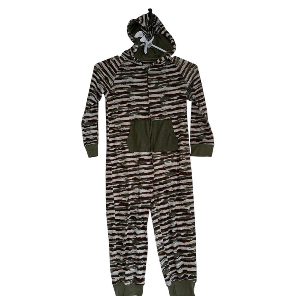 Little Rebels Boys Hooded Footless Sleep One Piece Sz 6 Brown Green Stripe Dino